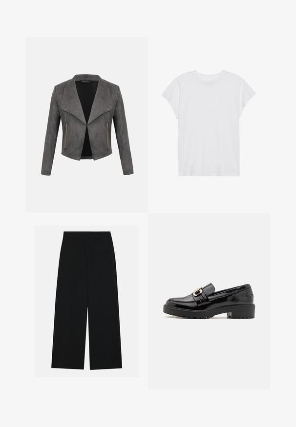 Veste en daim gris foncé à ouverture frontale, avec larges revers, manches longues et deux poches verticales zippées.; T-shirt blanc à manches courtes, col rond, coupe décontractée, en tissu de coton doux. Texture lisse, sans motifs ni logos.; Pantalons noirs à jambe large en tissu lisse. Dotés d'une taille plate avec passants de ceinture et sans poches visibles. Design simple.; Mocassins en cuir verni noir avec un petit talon bloc, dotés d'une boucle en métal doré proéminente et d'une semelle texturée crantée.