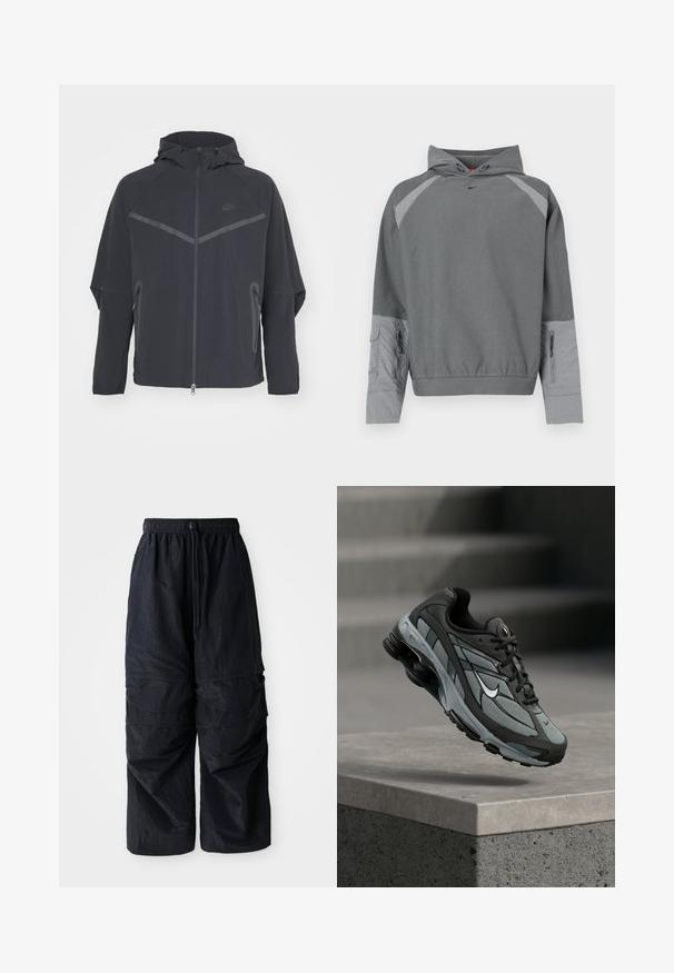 Chaqueta negra de Nike con cierre frontal, capucha y costuras angulares. Presenta detalles reflectantes y bolsillos con cremallera en los laterales. Está hecha de un tejido ligero.; Sudadera con capucha gris con cuerpo texturizado gris, mangas ranglán, bolsillo frontal y detalle de cremallera lateral. Cuenta con un logo negro en el pecho.; Pantalones cargo negros de nylon ligero con cinturilla elástica, cordón ajustable y múltiples bolsillos en capas en las piernas.; Zapatilla deportiva gris y negra con paneles de malla y suela gruesa, posicionada en el aire sobre un saliente de hormigón con escaleras de fondo.