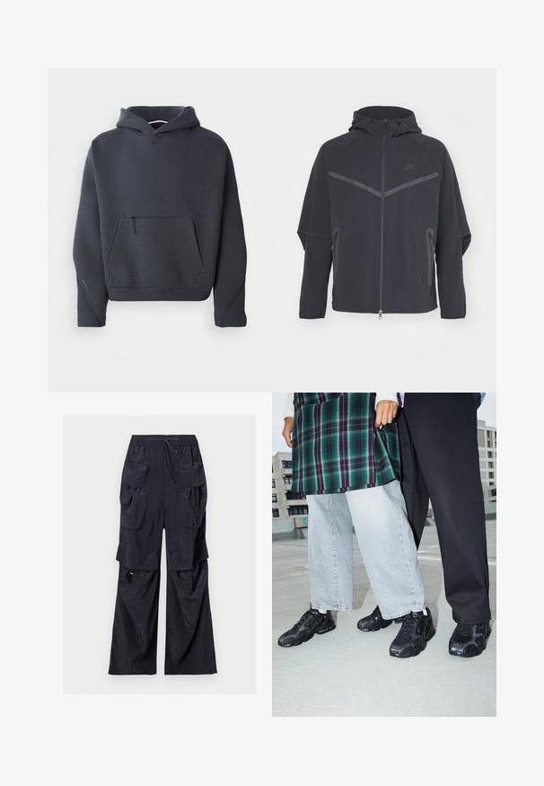 Schwarze Nike-Jacke mit durchgehendem Reißverschluss, Kapuze und asymmetrischen Nähten. Verfügt über reflektierende Akzente und seitliche Reißverschlusstaschen. Aus leichtem Material gefertigt.; Dunkelgrauer Kapuzenpullover aus weichem Material, mit einer vorderen Tasche mit Reißverschluss, gerippten Bündchen und einem kleinen Logo auf der Brust.; Schwarze weite Cargo-Hose mit mehreren großen Klappentaschen und einem Tunnelzug in der Taille vor weißem Hintergrund.; Schwarze Sportschuhe mit Mesh- und Gummielementen. Kombiniert mit hellgrauen weiten Jeans und einem karierten grünen Oberteil. Flacher Hintergrund.