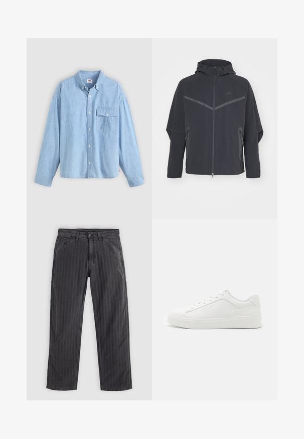 Schwarze Nike-Jacke mit durchgehendem Reißverschluss, Kapuze und asymmetrischen Nähten. Verfügt über reflektierende Akzente und seitliche Reißverschlusstaschen. Aus leichtem Material gefertigt.; Himmelblaues Hemd mit Knopfverschluss aus Chambray-Stoff. Verfügt über einen Kragen, lange Ärmel und eine Brusttasche mit Klappe und Knopf.; Schwarz gestreifte Hose aus einem Baumwollmix. Verfügt über ein gerades Bein-Design, seitliche Taschen und einen Knopfverschluss.; Weiße Low-Top-Sneaker aus glattem Leder mit runder Schuhspitze, flachen Sohlen und dezentem Branding an der Seite.
