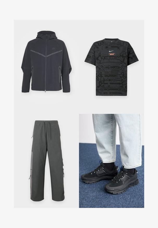 Schwarze Nike-Jacke mit durchgehendem Reißverschluss, Kapuze und asymmetrischen Nähten. Verfügt über reflektierende Akzente und seitliche Reißverschlusstaschen. Aus leichtem Material gefertigt.; Schwarzes T-Shirt mit einem strukturierten Muster, versehen mit einem kleinen Nike-Logo in Hellblau und einem rechteckigen Logopatch in kontrastierenden Farben.; Dunkelgraue Cargohose mit elastischem Bund, Kordelzug, Seitentaschen und Mesh-Akzenten, die einen lockeren, entspannten Sitz bietet.; Schwarze Sportschuhe aus strukturiertem Stoff mit Gummisohlen, ausgestattet mit elastischen Schnürsenkeln und einem blauen Akzent an der Ferse. Getragen mit hellen Jeans.