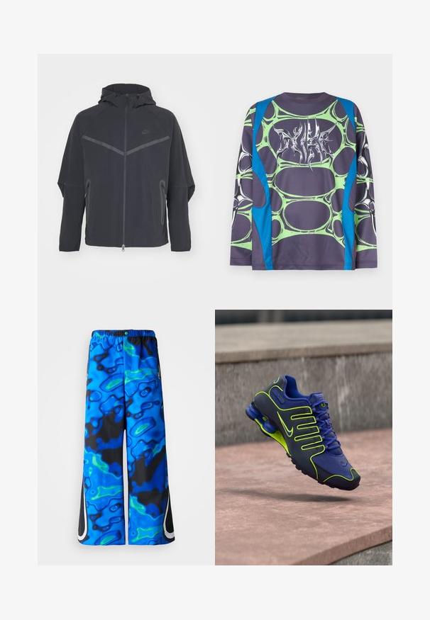 Schwarze Nike-Jacke mit durchgehendem Reißverschluss, Kapuze und asymmetrischen Nähten. Verfügt über reflektierende Akzente und seitliche Reißverschlusstaschen. Aus leichtem Material gefertigt.; Langärmliges Hemd aus glattem Stoff mit dunkelgrauer Basis, grünen, blasenartigen Mustern und blauen Akzenten. Auf der Vorderseite befindet sich eine stilisierte weiße Grafik.; Blaue und schwarze, abstrakt gemusterte, weit geschnittene Hose mit elastischem Bund und seitlichen Reißverschlusstaschen auf einem einfarbigen Hintergrund.; Blauer und neongrüner Nike-Sportschuh mit sichtbaren Fersenfedern, schwebend in der Luft über Betontreppen.