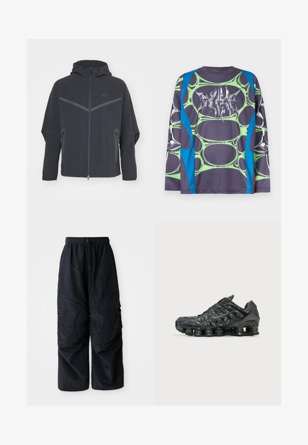 Schwarze Nike-Jacke mit durchgehendem Reißverschluss, Kapuze und asymmetrischen Nähten. Verfügt über reflektierende Akzente und seitliche Reißverschlusstaschen. Aus leichtem Material gefertigt.; Langärmliges Hemd aus glattem Stoff mit dunkelgrauer Basis, grünen, blasenartigen Mustern und blauen Akzenten. Auf der Vorderseite befindet sich eine stilisierte weiße Grafik.; Schwarze, leichte Nylon-Cargohosen mit elastischem Bund, verstellbarem Kordelzug und mehreren geschichteten Taschen an den Beinen.; Schwarzer Nike Laufschuh mit segmentierter Sohlenpolsterung und weiß gesprenkeltem Muster auf dem oberen Stoff, von der Außenseite gezeigt.