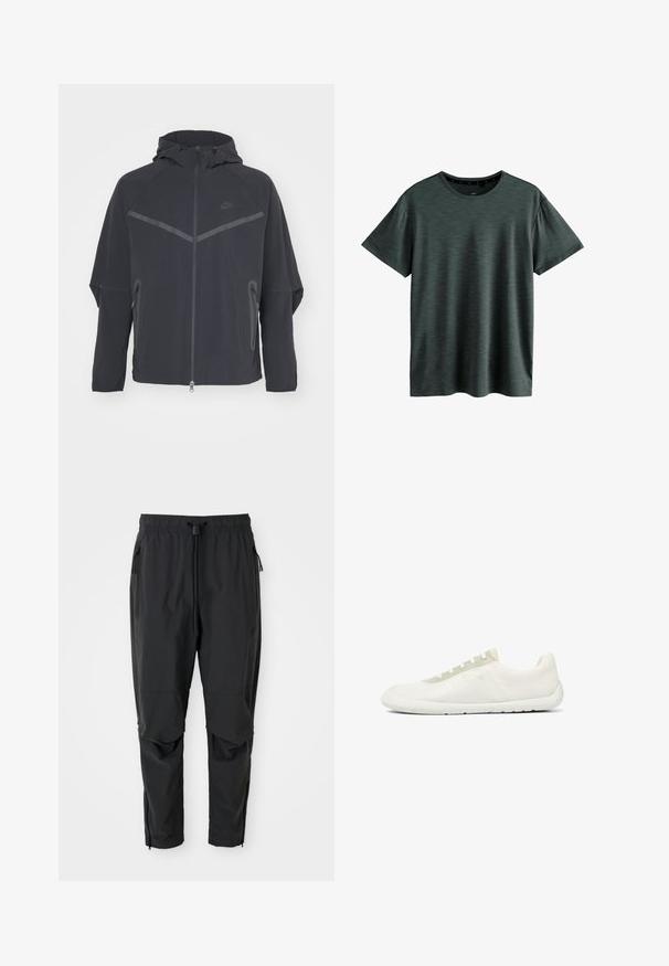 Zwarte Nike-jas met een rits aan de voorkant, capuchon en hoekige naden. Bevat reflecterende accenten en zijzakken met rits. Gemaakt van lichtgewicht stof.; Donkergrijze T-shirt gemaakt van zachte, gestructureerde stof. Beschikt over een klassieke ronde hals en korte mouwen met een subtiel patroon. Geen zichtbare logo's.; Zwarte lichte broek met elastische tailleband, koord, ritszakken aan de zijkant, gebogen knieën en ritssluitingen bij de enkels.; Minimalistische witte lage sneaker met gestructureerde meshstof, witte zool en lichtbeige veteroogpaneel.