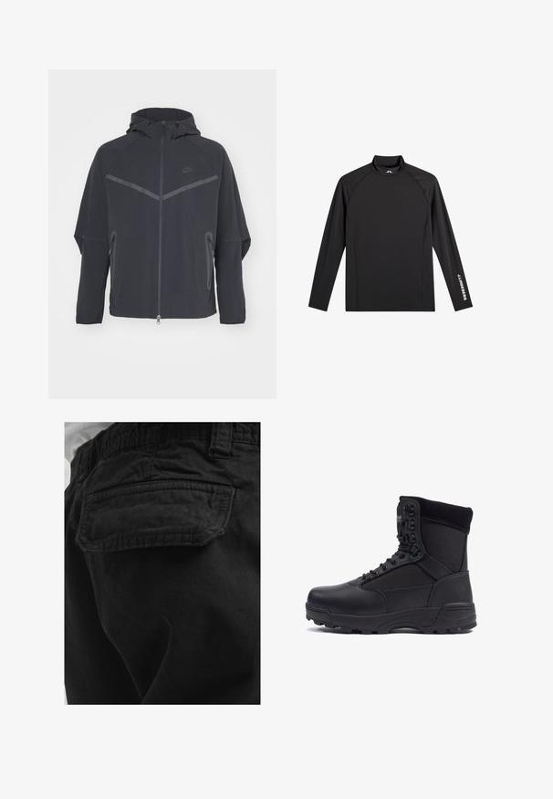 Veste Nike noire avec fermeture éclair sur le devant, capuche et coutures angulaires. Comprend des accents réfléchissants et des poches latérales zippées. Fabriquée en tissu léger.; Haut de sport noir à manches longues avec col montant, coupe ajustée, et logo blanc "J.Lindeberg" sur la manche gauche et le col.; Poche arrière d’un pantalon noir avec rabat et coutures visibles, porté par une personne en chemise blanche.; Botte tactique noire avec une tige en cuir lisse et des panneaux en tissu, design montante, fermeture à lacets à l'avant et semelle en caoutchouc robuste.