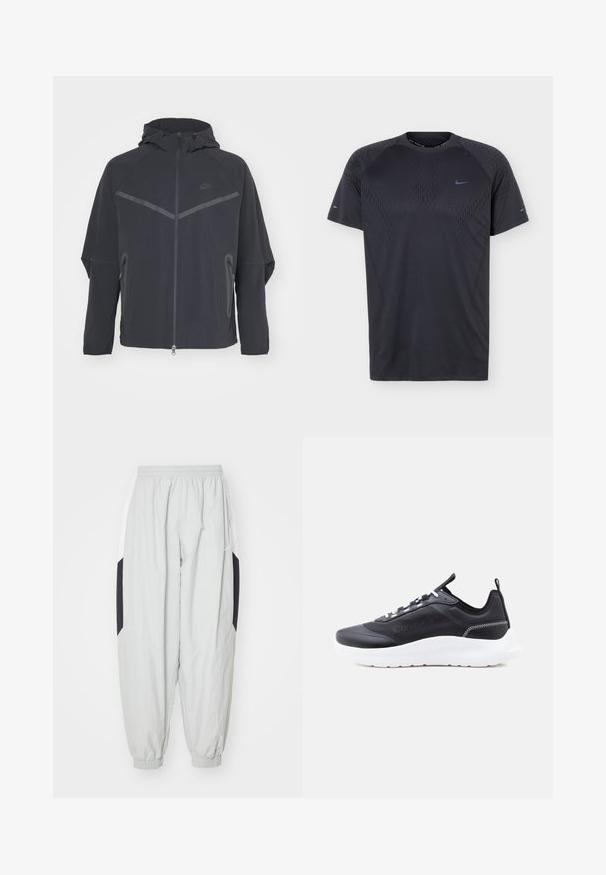 Sort Nike-jakke med lynlås foran, hætte og skrå sømme. Har reflekterende detaljer og sidelommer med lynlås. Fremstillet af letvægtsstof.; Sort atletisk t-shirt med korte ærmer og subtilt mønster samt lille blåt Nike Swoosh-logo på bryst og ærmer, vist på ensfarvet baggrund.; Lys grå træningsbukser lavet af letvægtsstof, med elastisk talje og manchetter, samt kontrasterende sorte og hvide sidelapper.; Sort lavtop-sneaker med hvid sål, hvide snørebånd, Calvin Klein-logo på siden og trækflap ved hælen mod hvid baggrund.