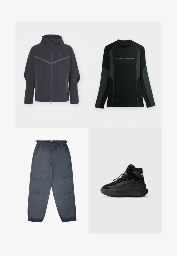 Musta Nike jakk, millel on tõmblukk, kapuuts ja nurksed õmblused. Omab peegeldavaid detaile ja külgpaneelide tõmblukke. Valmistatud kergest kangast.; Must musta pikkade varrukatega särk kõrge kaelusega, valmistatud tekstuurikast kangast. Omab halli külgpaneele ja "NIKE TECH" logo rinnal.; Hallid joggingupüksid elastse vöökoha, küljetaskute ja elastsete varrukatega, millel on sile tekstuur ja sirge lõige.; Mustad musta ülikõrge tennise jalanõu paksu tallaga, pneus ära lõigatud esiosa, pehmendatud pahkluu osa ja tekstuuriga külgpaneelid heledal taustal.