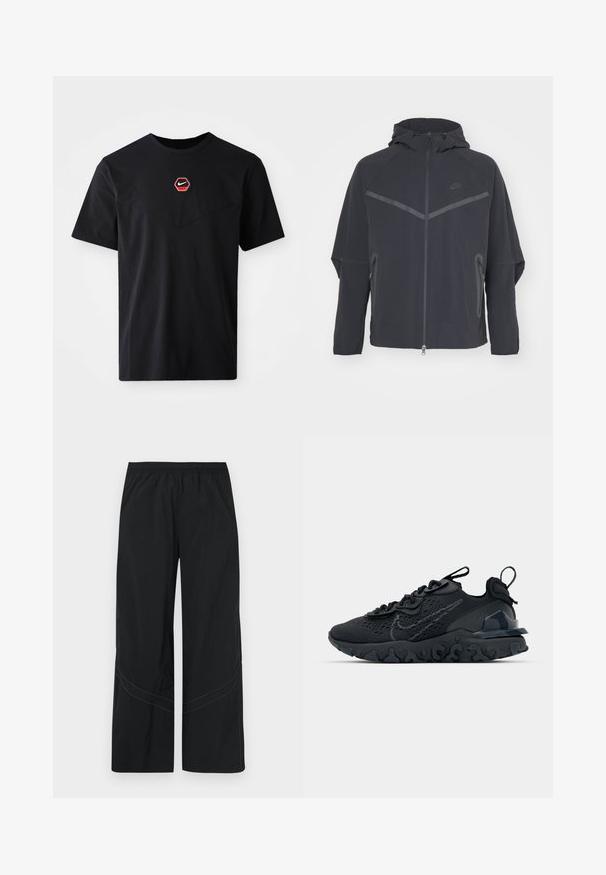 Schwarze Nike-Jacke mit durchgehendem Reißverschluss, Kapuze und asymmetrischen Nähten. Verfügt über reflektierende Akzente und seitliche Reißverschlusstaschen. Aus leichtem Material gefertigt.; Schwarzes kurzärmeliges T-Shirt aus Baumwolle mit einem sechseckigen roten und weißen Nike-Logo auf der Brust und einem abgerundeten Ausschnitt.; Schwarze, weit geschnittene Hose aus leichtem Stoff mit elastischem Bund und dezent geschwungenen Steppnähten am Saum.; Schwarzer Sportschuh mit atmungsaktivem Mesh-Obermaterial, strukturierten Akzenten und einer wellenförmigen Gummisohle. Verfügt über ein reflektierendes Logo und ein Schnürsystem.
