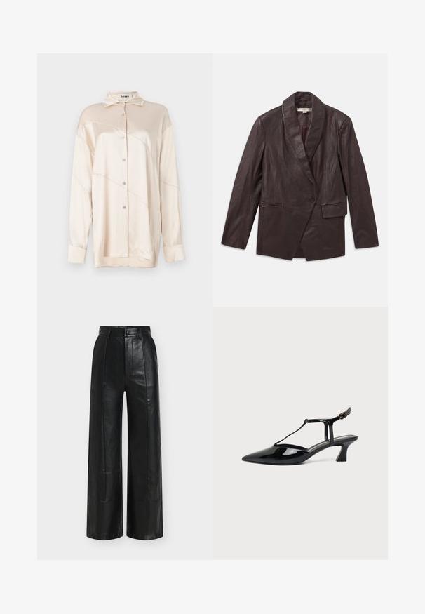 Burgunderfarbener Lederblazer mit strukturiertem Finish, breitem Schalkragen, Ein-Knopf-Verschluss und zwei Vorderaschen. Minimalistisches Design.; AERON ABIGAIL SHIRT - Hemdbluse - silver; Schwarze, weit geschnittene Hosen aus glattem Leder mit hoher Taille, dezenten Falten und einem klassischen Knopf- und Reißverschluss.; Schwarzer Slipper aus Lackleder mit spitz zulaufender Kappe, T-Riemen und niedrigem, schrägem Blockabsatz vor weißem Hintergrund.