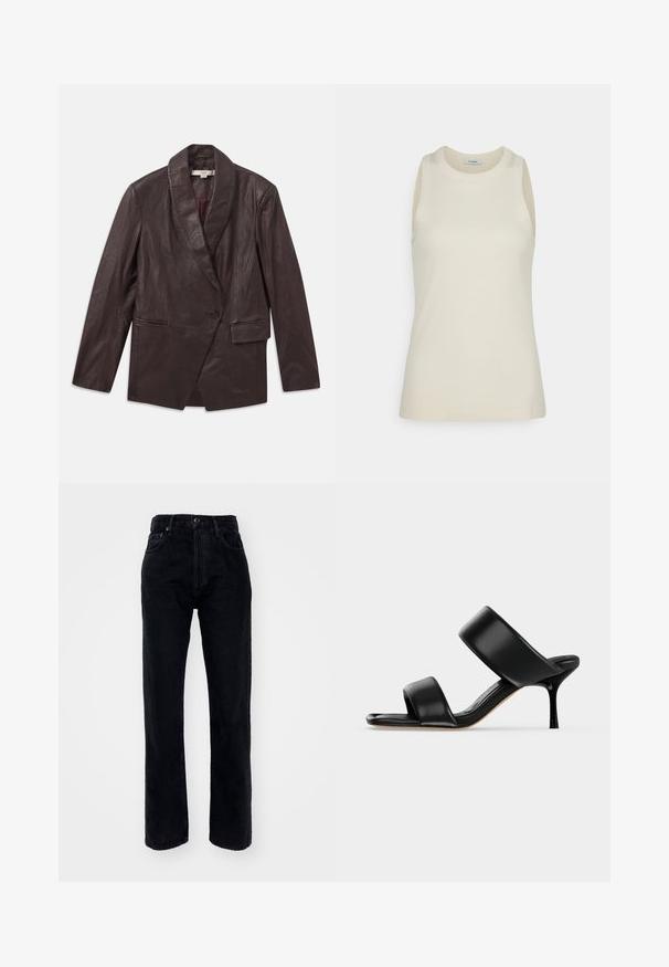 Bordeaux læderjakke med struktureret overflade, bred sjalkrave, enkeltknaplukning og to frontlommer. Minimalistisk design.; IVY OAK KLARA ANN - Top - almond milk; Sorte denim jeans med høj talje og lige ben, der har fem lommer, bæltestropper og en knaplukning i taljen.; Sort læder mule sandal med to brede remme og en slank mellemhøj stiletthæl på en ensartet lys baggrund.
