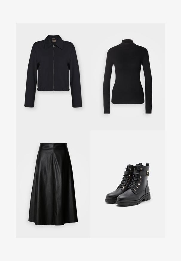 Sort langærmet jakke med lynlås foran, krave, sidelommer og elastisk kant.; Sort turtleneck sweater lavet af let strikket stof. Har lange ærmer, et tætsiddende design og en blød ribbet tekstur.; Sort læderskørt med en udvidet design, knælangt, med en glat overflade og en ren, sømstruktureret ryg for et skræddersyet udseende.; Sorte læder ankelstøvler med rund tå, snøredesign, gyldne øsken, spændeaccent og en chunky, tekstureret sål.
