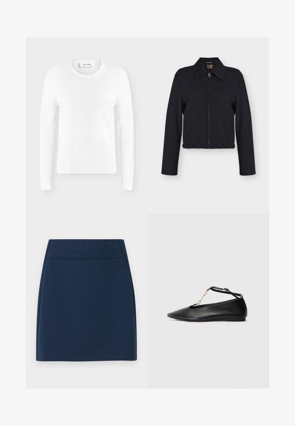 Veste noire à manches longues avec fermeture éclair devant, col, poches latérales et bas élastiqué.; Pull blanc à manches longues avec col rond, poignets et base côtelés, avec un petit logo brodé sur la poitrine gauche.; Jupe droite bleu marine longueur genou avec détails de coutures et taille ajustée, présentée sur un fond blanc uni.; Ballerines noires en cuir avec un bout pointu, un design découpé, une bride à la cheville et un accent en chaîne dorée. Texture lisse, talon minimal.