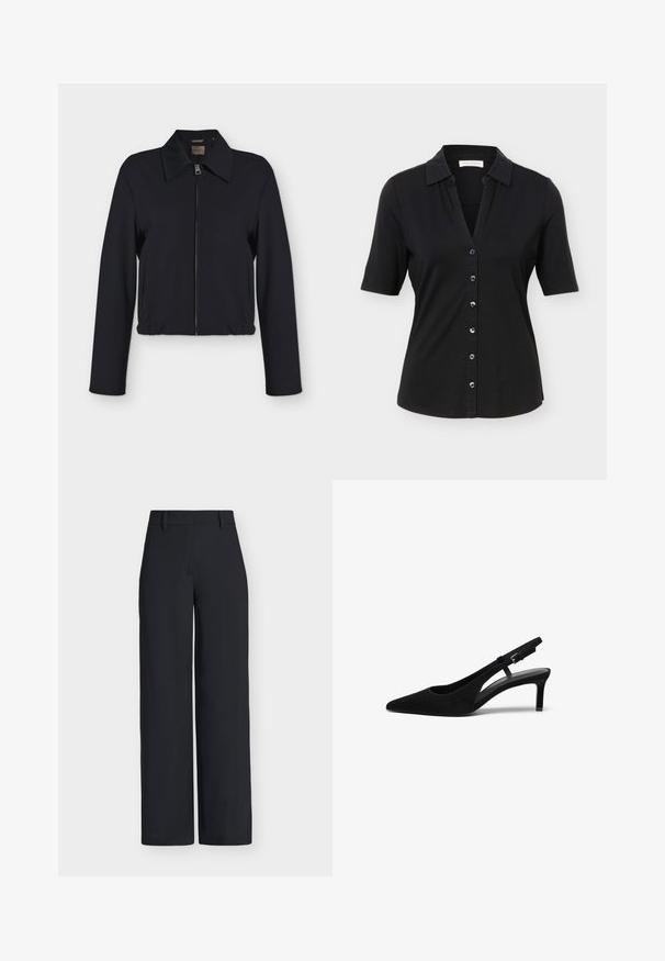 Schwarze langärmelige Jacke mit Reißverschluss vorne, Kragen, Seitentaschen und elastischem Bund.; Schwarzes, kurzärmeliges Hemd mit Knöpfen, Kragen, sechs Knöpfen vorne und einer leicht taillierten Silhouette.; Schwarze, hoch taillierte, weit geschnittene Hose mit Gürtelschlaufen und verdecktem vorderem Verschluss.; Schwarzer Wildlederslingback-Schuh mit spitzem Zehenbereich, niedrigem Absatz, offenen Seiten und verstellbarem Riemen mit einer Metallschnalle. Glatte Textur.
