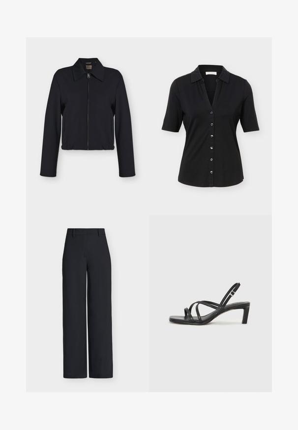 Schwarze langärmelige Jacke mit Reißverschluss vorne, Kragen, Seitentaschen und elastischem Bund.; Schwarzes, kurzärmeliges Hemd mit Knöpfen, Kragen, sechs Knöpfen vorne und einer leicht taillierten Silhouette.; Schwarze, hoch taillierte, weit geschnittene Hose mit Gürtelschlaufen und verdecktem vorderem Verschluss.; Schwarze Sandale mit Riemchen, quadratischer Zehenform und niedrigem Blockabsatz. Verfügt über mehrere dünne Riemen und einen verstellbaren Knöchelriemen. Hergestellt aus glattem Leder.