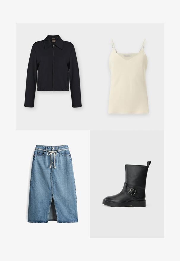Schwarze langärmelige Jacke mit Reißverschluss vorne, Kragen, Seitentaschen und elastischem Bund.; Cremefarbene Camisole mit verstellbaren Spaghettiträgern, V-Ausschnitt und glattem Stoff. Verfügt über ein dezentes Markenlabel am Träger.; Denim-Midi-Rock, hellblau, mit Schlitz vorne, Kordelzugbund, klassischem Fünf-Taschen-Design und Kontrastnähten.; Schwarze Lederstiefelette mit runder Zehenform, flacher Sohle und einem silbernen Schnallenakzent an der Seite. Verfügt über eine Zuglasche an der Rückseite.
