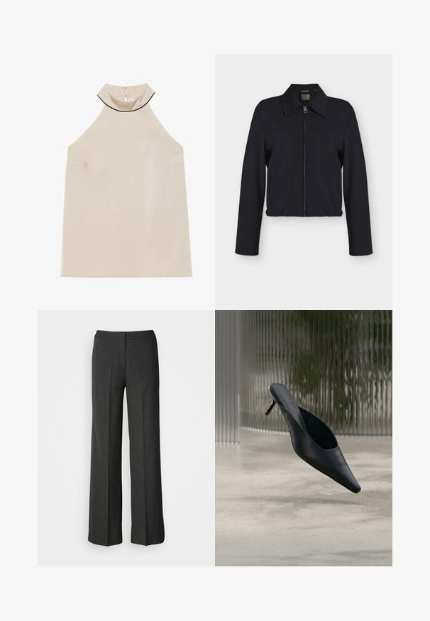 Zwarte jas met lange mouwen, ritssluiting aan de voorkant, kraag, zijzakken en elastische zoom.; Beige mouwloze haltertop van gladde stof met een hoge kraag en een rits aan de achterkant, met een minimalistisch ontwerp en geen zichtbare patronen.; Wijdvallende broek in donkergrijs, gemaakt van geweven stof. Heeft een aansluitende tailleband en een subtiel streeppatroon.; Zwarte mule met puntige neus en dunne hoge hak, die boven een gladde betonnen vloer zweeft, met een wazige verticale gestreepte achtergrond.