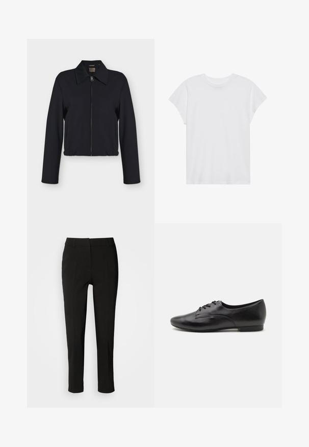 Zwarte jas met lange mouwen, ritssluiting aan de voorkant, kraag, zijzakken en elastische zoom.; Witte t-shirt met korte mouwen, ronde hals, relaxte pasvorm, gemaakt van zacht katoen. Glad textuur, geen patronen of logo's.; Zwarte op maat gemaakte broeken met een slim fit, rechte voorkant en geen zichtbare zakken, met een gladde textuur en een nette afwerking aan de zoom.; Zwarte leren veterschoenen met een gladde textuur, ronde neus, lage hak en eenvoudig ontwerp. Zijaanzicht dat de slanke vorm en stiksels benadrukt.