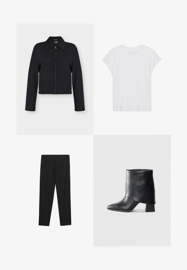 Schwarze langärmelige Jacke mit Reißverschluss vorne, Kragen, Seitentaschen und elastischem Bund.; Weißes kurzärmliges T-Shirt mit Rundhalsausschnitt, lockerer Passform, aus weichem Baumwollstoff. Glatte Textur, keine Muster oder Logos.; Schwarze, dehnbare Sporthosen mit glatter Textur, elastischem Bund und geradem Schnitt, geeignet für Sportbekleidung oder lässige Nutzung.; Schwarze Lederstiefelette mit spitzer Zehenform, glatter Oberfläche und strukturiertem Blockabsatz. Mit einem hohen, gefalteten Schaftdesign.