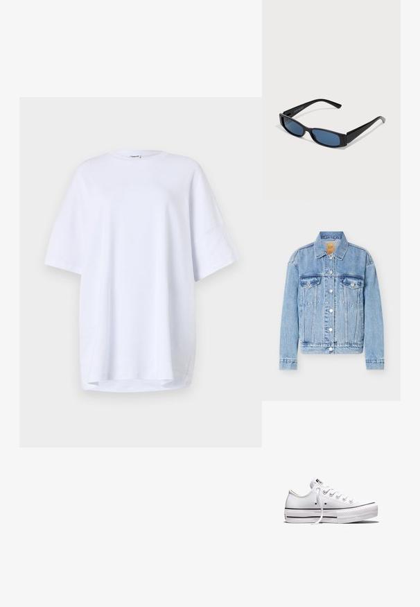 Lichtblauwe spijkerjas met knopen aan de voorkant, twee borstzakken met klep, klassieke kraag en lange mouwen.; Korte mouwen, oversized wit T-shirt van katoen. Ronde halslijn, zijsplitsen aan de zoom en een gladde textuur zonder zichtbare patronen of accenten.; Wit lage canvas sneaker met witte veters, rubberen zool, zwarte streepdetails en logopatch op de tong en hiel.; Zwarte zonnebril met een slank rechthoekig frame en blauwe lenzen. Heeft een gladde textuur en stevige pootjes. Merklogo aan de zijkant.