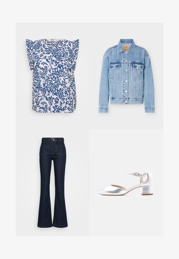 Veste en jean bleu clair avec fermeture à boutons sur le devant, deux poches poitrine à rabat, col classique et manches longues.; Blouse à manches courtes en tissu blanc avec un motif floral bleu, patte de boutonnage et accents de épaules froncés. Léger et respirant.; Jean en denim bleu foncé taille haute avec poches avant à patch, fermeture par bouton et zip, et jambes évasées sur un fond clair.; Bottines argentées métalliques à petit talon avec bride de cheville, en forme d'amande, texture lisse et talon carré.