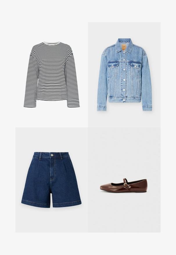 Veste en jean bleu clair avec fermeture à boutons sur le devant, deux poches poitrine à rabat, col classique et manches longues.; Chemise à manches longues rayée noir et blanc avec un col rond. Tissu doux, coupe décontractée et accents de col contrastants.; Short en denim bleu foncé taille haute avec plis à l'avant, fermeture par bouton, passants pour ceinture et jambes larges.; Ballerine en cuir verni marron avec un bout carré et une lanière ornée d'une petite boucle dorée. Texture lisse, talon bas et design minimaliste.