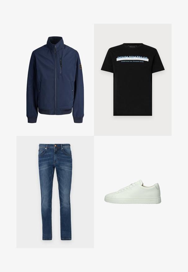 Marineblaue Reißverschlussjacke mit hohem Kragen, Brusttasche mit Reißverschluss, seitlichen Taschen mit Druckknöpfen, gerippten Bündchen und einem Aufnäher am linken Ärmel.; Schwarzes Baumwoll-T-Shirt mit rundem Halsausschnitt, versehen mit blauen und weißen Text: "DENIM TOM TAILOR gegründet zweitausendsieben."; Dunkelblaue Jeans aus Denim mit geradem Bein, fünf Taschen, dezente Verwaschungen, kontrastierende Nähte und einem Knopfverschluss an der Taille.; Weiße Ledersneaker mit glatter Textur, niedrigem Profil, runder Zehenpartie und farblich abgestimmten Schnürsenkeln. Verfügt über eine strukturierten Gummisohle.