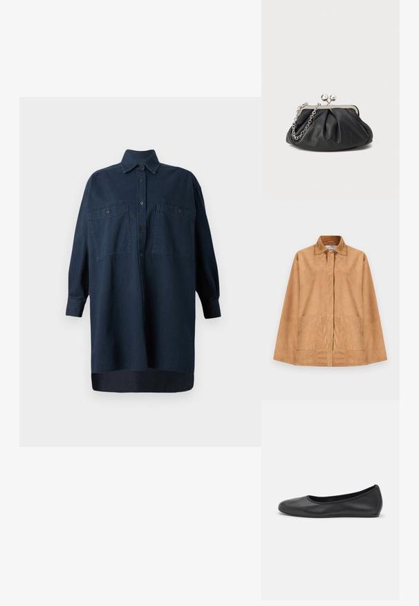 Chaqueta de ante marrón claro con cuello clásico, botones delanteros ocultos, mangas largas y dos bolsillos delanteros de parche.; CLOSED Vestido camisero - dark blue; Bailarina de piel negra con punta redondeada, textura suave, detalle de costura minimalista y diseño de suela flexible.; Clutch de cuero negro con textura arrugada, marco de metal en tono plateado, cierre de beso y cadena para colgar. Superficie suave y lisa.