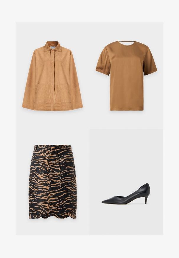 Lichtbruine suède jas met een klassieke kraag, verborgen knopen aan de voorkant, lange mouwen en twee opgestikte zakken aan de voorkant.; Bruine satijnen blouse met korte mouwen, een ronde hals en een klein uitgesneden detail bij de rugkraag.; Zwarte en tan tijgergestreepte rok gemaakt van zacht stof, met een strik taille en een gegolfde zoom.; Zwarte leren pump met een puntige neus en lage hak. Heeft een gladde textuur en een subtiele glans. Open uitsparing aan de voorkant voor extra detail.