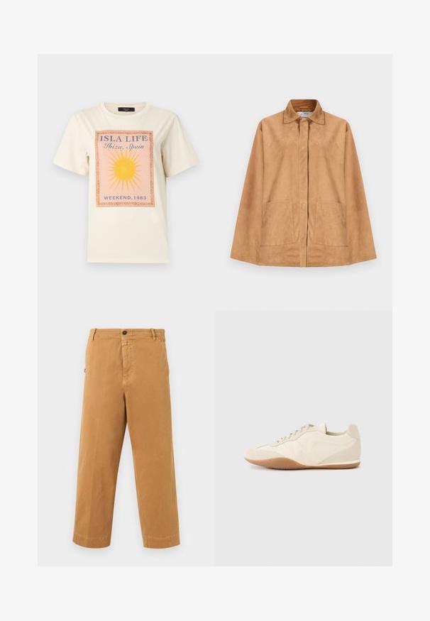 Veste en daim marron clair avec col classique, boutons cachés sur le devant, manches longues et deux poches avant plaquées.; T-shirt à manches courtes de couleur crème avec un graphisme de soleil jaune et le texte "ISLA LIFE Ibiza, Espagne WEEKEND, 1983" au centre devant.; Pantalon décontracté marron à jambes droites avec passants pour ceinture, fermeture par bouton et poches latérales sur fond blanc.; Baskets beige clair avec une tige en cuir texturé, des panneaux latéraux texturés et une semelle en caoutchouc. Dotées d'un design fin et épuré ainsi que de lacets plats.