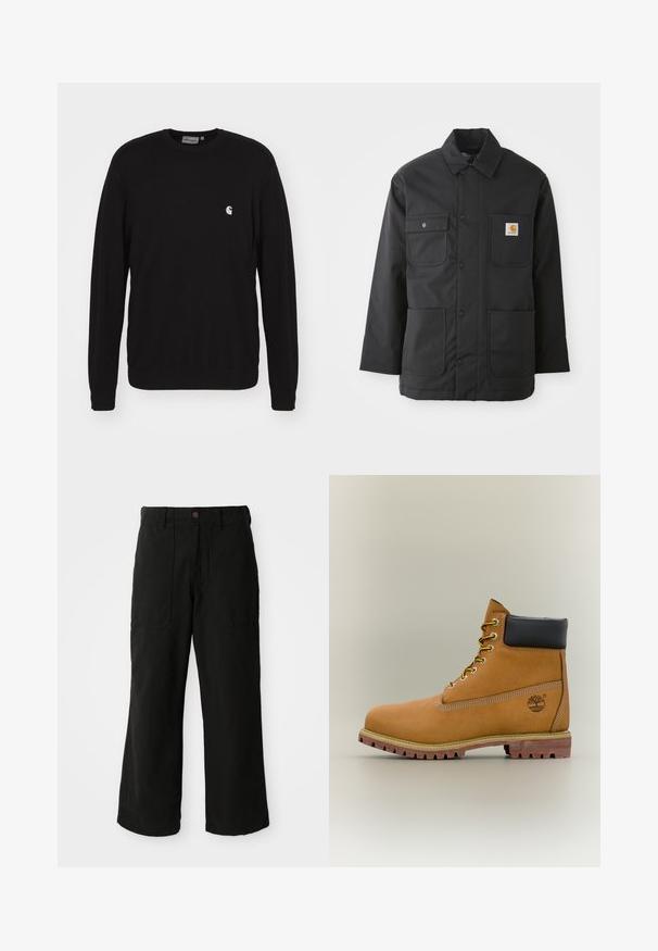 Sort arbejdsjakke lavet af slidstærkt stof, med krave, frontknaplukning, to store lommer og et logo-patch på brystet.; Carhartt WIP MADISON SWEATER - Sweatshirt - black; Sorte vide benbukser lavet af blødt stof, med frontlommer og en knaplukning i taljen. Minimalistisk design uden synlige mønstre.; Brun læderankelstøvle med sort krave, gule snørebånd og tanfarvet sål. Har logo og hvide syninger som detalje. Robust ydersål med greb.