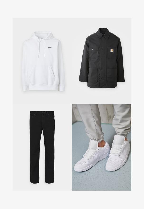 Zwarte werkjas van duurzaam stof, met een kraag, frontsluiting met knopen, twee grote zakken en een logopatch op de borst.; Witte hoodie met voorzak, trekkoord in de kap en klein zwart Nike-logo op de linkerborst.; Zwarte rechte jeans met een knoop en rits aan de voorkant, vijf zakken ontwerp, weergegeven op een witte achtergrond.; Witte leren sneakers met een geperforeerde neus, platte veters, een gepolsterde kraag en het Jordan-logo op de tong. Gediend met grijze joggers.