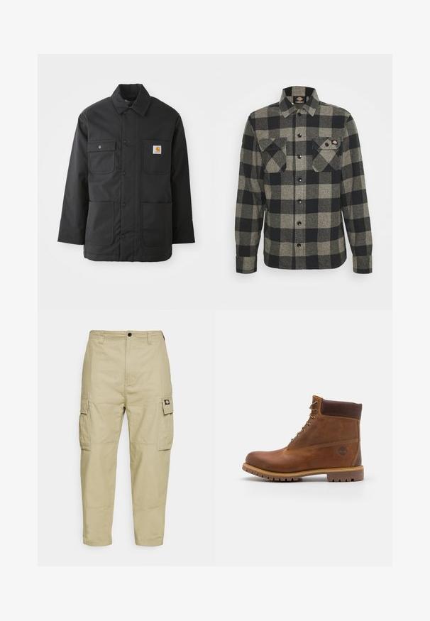 Veste de travail noire en tissu durable, avec un col, fermeture à boutons sur le devant, deux grandes poches et un patch logo sur la poitrine.; Chemise en flanelle à carreaux noirs et gris, à manches longues, à boutonnière à l'avant, avec deux poches sur la poitrine et un ourlet légèrement arrondi. Tissu texturé.; Pantalons cargo beiges en tissu durable, avec deux poches latérales, une fermeture à bouton, et des jambes fuselées avec une texture lisse.; Botte de randonnée en cuir marron avec une finition lisse, cheville rembourrée, œillets en métal et semelle en caoutchouc dotée d'un motif de crampons robuste.