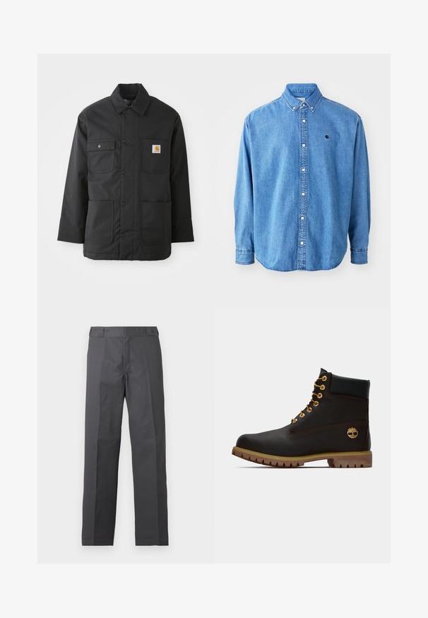 Veste de travail noire en tissu durable, avec un col, fermeture à boutons sur le devant, deux grandes poches et un patch logo sur la poitrine.; Chemise en denim, couleur bleu clair, avec un col pointu, des manches longues et un petit logo sur la poitrine. Comprend des boutons blancs et des coutures brodées.; Pantalon gris foncé à jambes droites avec un devant plat et sans poches visibles, présenté sur un fond blanc uni.; Bottine noire en cuir avec œillets dorés, accents marron et semelle en caoutchouc. Comprend un col rembourré et un logo estampé sur le côté.
