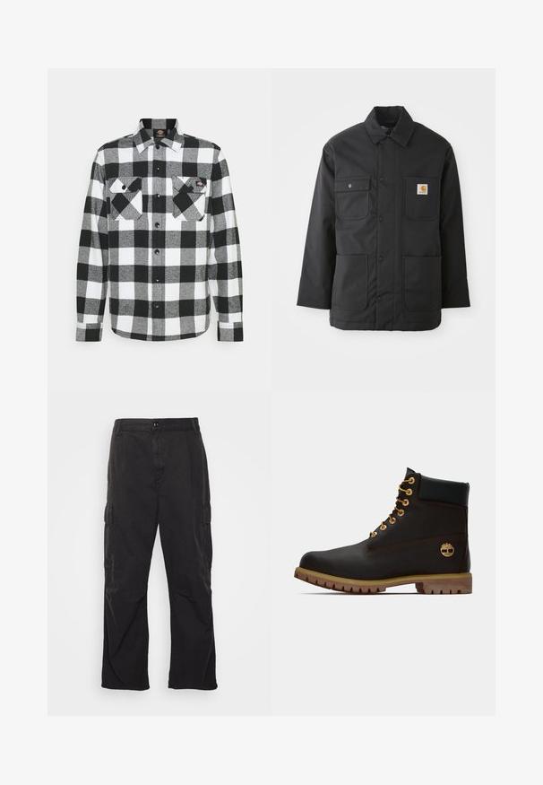 Veste de travail noire en tissu durable, avec un col, fermeture à boutons sur le devant, deux grandes poches et un patch logo sur la poitrine.; Chemise en flanelle noir et blanc avec un motif à carreaux, présentant deux poches poitrine, un devant boutonné et un col. Tissu doux et texturé.; Pantalons cargo noirs avec une coupe droite, dotés de deux poches latérales, d'une fermeture à bouton et d'un tissu texturé.; Bottine noire en cuir avec œillets dorés, accents marron et semelle en caoutchouc. Comprend un col rembourré et un logo estampé sur le côté.