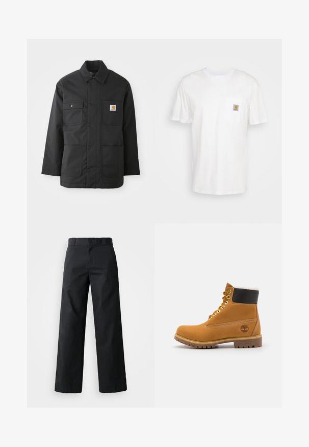 Chaqueta de trabajo negra hecha de un tejido duradero, con cuello, cierre frontal de botones, dos grandes bolsillos y un parche con el logotipo en el pecho.; Camiseta de algodón blanca con mangas cortas, un bolsillo en el pecho y un pequeño parche cuadrado de logo en naranja y blanco en el bolsillo.; Pantalones de pierna ancha negros hechos de algodón. Cuenta con cierre de botón, lazos para cinturón y bolsillos laterales. Textura suave con un corte ajustado.; Botín de cuero marrón con ojales de metal, forro de piel sintética blanca, cuello acolchado negro, suela resistente y logotipo en relieve en el costado.