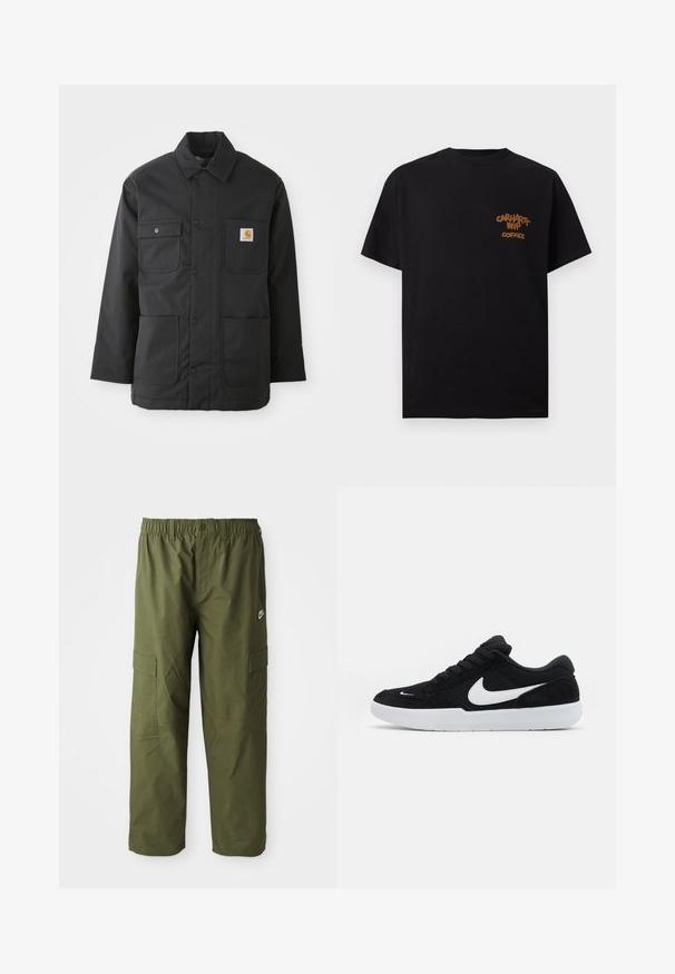 Schwarze Arbeitsjacke aus langlebigem Stoff, mit Kragen, vorderer Knopfleiste, zwei großen Taschen und einem Logo-Patch auf der Brust.; Schwarzes T-Shirt mit kurzen Ärmeln und kleinem braunen Schriftzug „Carhartt WIP Coffee“ auf der linken Brustseite.; Nike Cargo-Hosen in dunkelolivgrün, ausgestattet mit einem elastischen Bündchen, zwei Seitentaschen und einem glatten, leichten Stoff.; Schwarze Wildledersneaker mit weißen Akzenten, runder Zehenform, dicker weißer Sohle und schwarzen Schnürsenkeln. Auffälliges weißes Nike-Logo an der Seite.