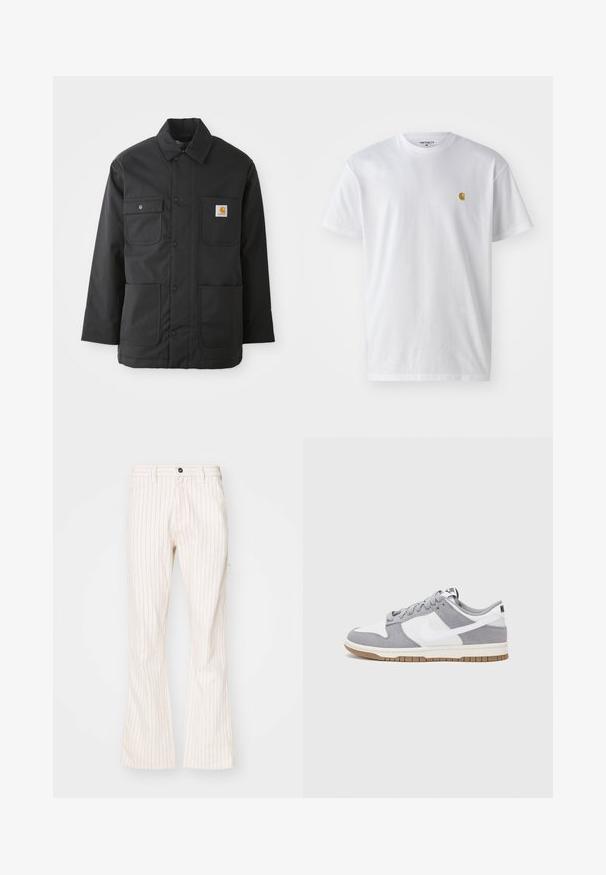 Sort arbejdsjakke lavet af slidstærkt stof, med krave, frontknaplukning, to store lommer og et logo-patch på brystet.; Hvid bomulds t-shirt med korte ærmer, rund hals og et lille guld logo på venstre brystområde. Blød tekstur og almindelig pasform.; Kræmfarvede, flagrende bukser med lodrette røde striber, der har en knaplukning, sidelommer og et glat tekstureret stof.; Nike-sneakers har en øverste del i gråt ruskind og hvidt læder med perforeringer, runde snørebånd og en gummisål for greb.