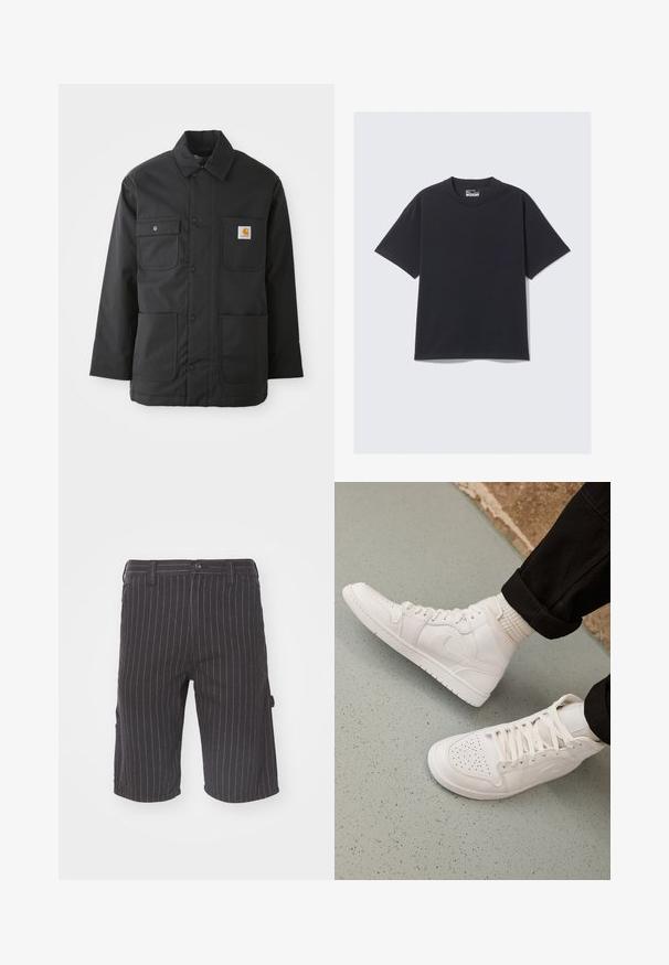 Sort arbejdsjakke lavet af slidstærkt stof, med krave, frontknaplukning, to store lommer og et logo-patch på brystet.; Sort bomulds T-shirt med klassisk rund hals, korte ærmer og en afslappet pasform. Glat tekstur med minimal syning.; Sorte shorts med stribet mønster og lige snit, prydet med knaplukning og sidelommer, lavet af en struktureret bomuldsblandingsstof.; Hvide høj-top sneakers lavet af glat læder med perforeret tå, snørelukning og subtil logo detaljer på siden. Tekstureret gummisål.