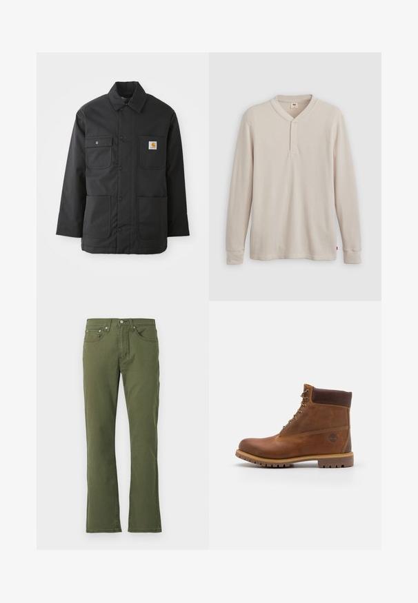 Sort arbejdsjakke lavet af slidstærkt stof, med krave, frontknaplukning, to store lommer og et logo-patch på brystet.; Langærmet henley-skjorte i lys beige ribbet stof, med V-hals, tre-knap placket og manchetter ved ærmerne. Rød logo-tags ved kanten.; Olivengrønne flared jeans lavet af bomuld med en glat tekstur; har fem lommer, en knaplukning og diskrete stikninger.; Brun læder vandrestøvle med en glat finish, polstret ankel, metalliske snørehuller og en gummisål med et robust dækmønster.
