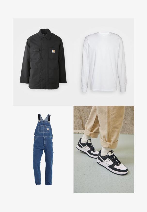 Sort arbejdsjakke lavet af slidstærkt stof, med krave, frontknaplukning, to store lommer og et logo-patch på brystet.; Hvid langærmet T-shirt lavet af bomuld. Rund halsudskæring med ribbede manchetter og et lille logo på venstre ærme. Glat tekstur.; Denim overalls i en mellemblå tone, med justerbare sorte stropper, flere lommer og metalhardware detaljer.; Sorte og hvide Nike Air Force 1 sneakers med læderoverdel, perforeret tå og tekstureret såldetalje, båret med rullede beige bukser og hvide sokker.