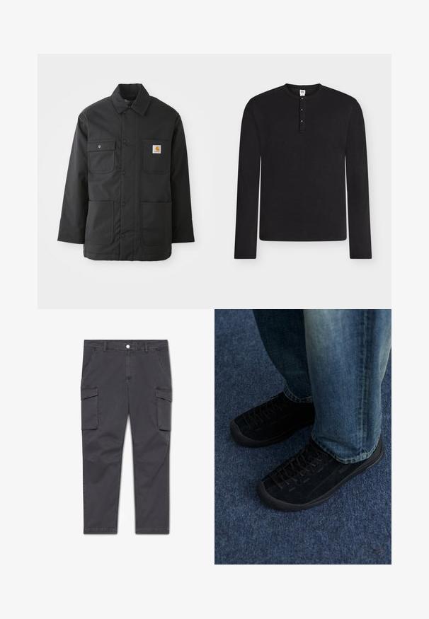 Sort arbejdsjakke lavet af slidstærkt stof, med krave, frontknaplukning, to store lommer og et logo-patch på brystet.; Sort langærmet henley-shirt med tre knapper på knapstolpen, rund halsudskæring og et mærke i medium størrelse inde i kraven.; Kulsorte cargobukser med to forlommer med klap, sidelommer til hænder, knaplukning, bæltestropper og forstærket knæsyning.; Sorte ruskindssneakers med tekstureret overflade, diskret snøring og holdbare gummisåler, parret med blå denim jeans.