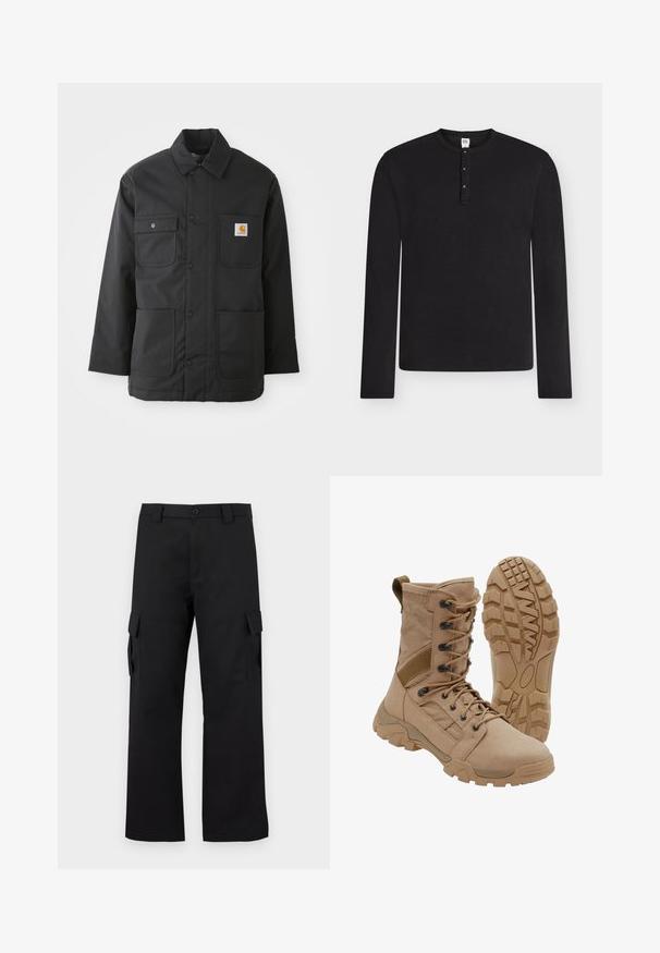 Veste de travail noire en tissu durable, avec un col, fermeture à boutons sur le devant, deux grandes poches et un patch logo sur la poitrine.; Chemise henley noire à manches longues avec trois boutons sur la patte de boutonnage, col rond et étiquette de taille moyenne à l'intérieur du col.; Pantalons cargo noirs avec une coupe droite. Fabriqués à partir d'un tissu durable, ils disposent de deux poches latérales avec fermetures à rabat et d'un zip à bouton.; Botte tactique beige avec un lacet montant à la cheville et une semelle en caoutchouc robuste, une botte debout et une montrant le motif de la semelle.