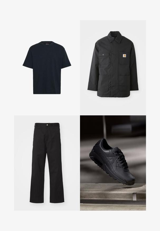 Sort arbejdsjakke lavet af slidstærkt stof, med krave, frontknaplukning, to store lommer og et logo-patch på brystet.; Marineblå bomulds T-shirt med rund hals, korte ærmer og en afslappet pasform. Glat tekstur uden synlige mønstre eller accenter.; Sorte bukser lavet af slidstærkt stof med lige pasform, der har knaplukning foran, bæltestropper og ingen synlige mønstre eller accenter.; Sorte Nike Air Max-sneakers med en struktureret læderoverdel, gummisål og fremtrædende snøresystem, der viser et slankt, moderne design.