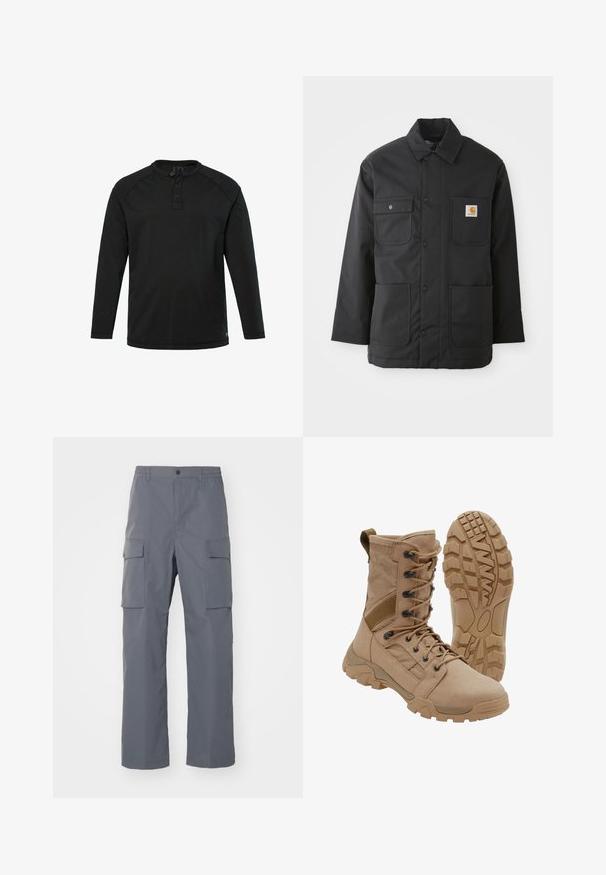Schwarze Arbeitsjacke aus langlebigem Stoff, mit Kragen, vorderer Knopfleiste, zwei großen Taschen und einem Logo-Patch auf der Brust.; Schwarzes Langarm-Henley-Shirt mit drei Knöpfen und Rundhalsausschnitt, schlichte Gestaltung und gerader Saum.; Grau Cargo-Hosen aus strapazierfähigem Stoff. Zu den Merkmalen gehören ein elastischer Bund, zwei große Seitentaschen und ein gerader Schnitt.; Brauner taktischer Stiefel mit schnürbarem Knöchel-Design und robuster Gummisohle, ein Stiefel steht aufrecht, der andere zeigt das Profil der Sohle.
