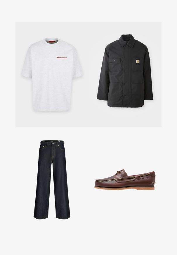 Veste de travail noire en tissu durable, avec un col, fermeture à boutons sur le devant, deux grandes poches et un patch logo sur la poitrine.; T-shirt blanc uni à col rond avec manches courtes et petit texte rouge « PROHIBITED » sur la partie supérieure gauche de la poitrine.; Jean en denim bleu foncé à jambes larges avec bouton à l'avant, poches et coutures orange visibles sur fond blanc.; Chaussure bateau en cuir marron avec coutures blanches, détails de lacets et semelle en caoutchouc beige, vue de côté sur fond blanc.