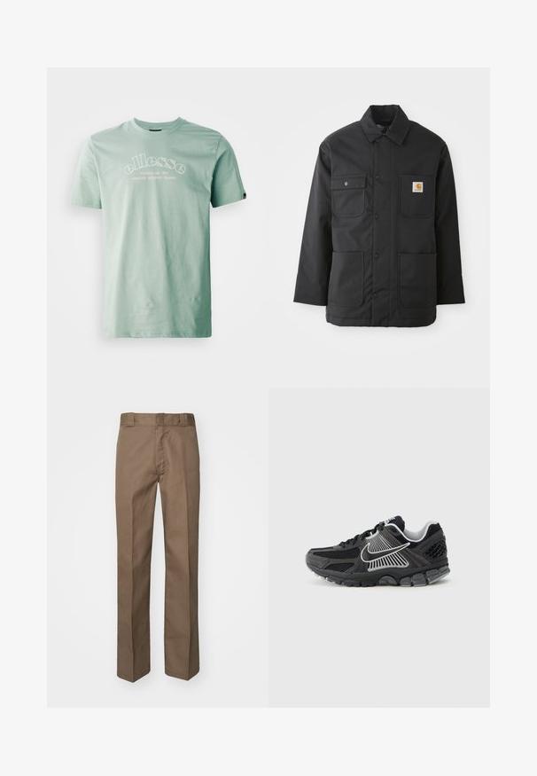 Chaqueta de trabajo negra hecha de un tejido duradero, con cuello, cierre frontal de botones, dos grandes bolsillos y un parche con el logotipo en el pecho.; Ellesse QUESCO TEE - Camiseta estampada - green; Pantalones marrones con un diseño de frente plano, piernas rectas y una cinturilla clásica. Hechos de un tejido duradero, sin patrones visibles ni adornos.; Zapatilla deportiva negra con paneles de malla y detalles sintéticos. Presenta una punta redondeada, suela gruesa acolchada y detalles de logo en blanco que contrastan.