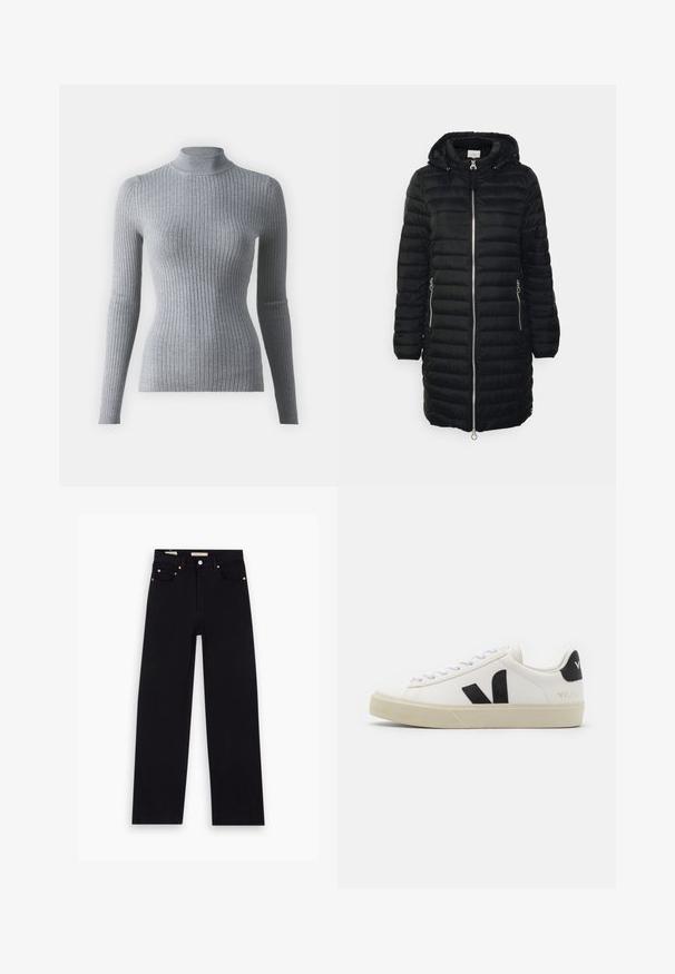 Manteau rembourré noir avec capuche, fermeture éclair à l'avant, deux poches latérales zippées et une coupe mi-longue avec des lignes de quilting verticales.; Pull en maille à col roulé gris côtelé avec des manches longues. Présente un design ajusté et un col haut pour plus de chaleur.; Jean en denim noir avec une coupe droite, cinq poches, matériel en cuivre et texture lisse. Deux étiquettes visibles sur la taille.; Baskets en cuir blanc avec un logo V en caoutchouc noir. Semelle texturée blanc cassé, lacets blancs et détail sur le talon arrière portant le nom de la marque en noir.