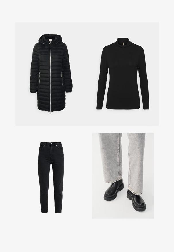 Zwarte gewatteerde jas met een capuchon, ritssluiting aan de voorkant, twee ritszakken aan de zijkant en een middenlange uitvoering met verticale gestikte lijnen.; Zwarte lange mouwen turtle neck top van zacht materiaal met een relaxte pasvorm en een gedrapeerd halsontwerp, voorzien van een gladde textuur.; High-waist zwarte spijkerbroek met voorste knoop en rits, twee voorzakken en taps toelopende pijpen op een witte achtergrond.; Vagabond COSMO - Enkellaarsjes met plateauzool - black