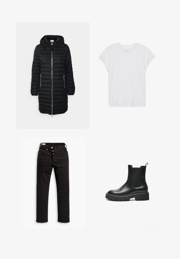 Schwarze gepolsterte Jacke mit Kapuze, Frontreißverschluss, zwei seitlichen Reißverschlusstaschen und einem mittellangen Design mit vertikalen gesteppten Linien.; Weißes kurzärmliges T-Shirt mit Rundhalsausschnitt, lockerer Passform, aus weichem Baumwollstoff. Glatte Textur, keine Muster oder Logos.; Schwarze Straight-Leg-Jeans mit Knopfverschluss, Vorder- und Gesäßtaschen sowie Kupfennieten auf einem weißen Hintergrund.; Schwarze Leder Chelsea-Stiefel mit elastischen Seiteneinsätzen, abgerundeter Schuhspitze, robuster Gummisohle und Zuglasche an der Ferse.