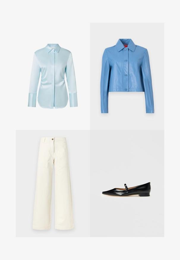 Veste en cuir bleu clair raccourcie avec manches longues, col large et quatre boutons-pression à l'avant.; Chemise en satin bleu clair à boutons, col classique, manches longues et coupe droite. Texture lisse avec une finition brillante.; Pantalon large couleur écrue avec grandes poches plaquées à l'avant, passants pour ceinture et fermeture à un bouton à la taille.; Chaussure plate Mary Jane en cuir verni noir, à bout pointu, avec une seule sangle et un petit talon sur fond uni.